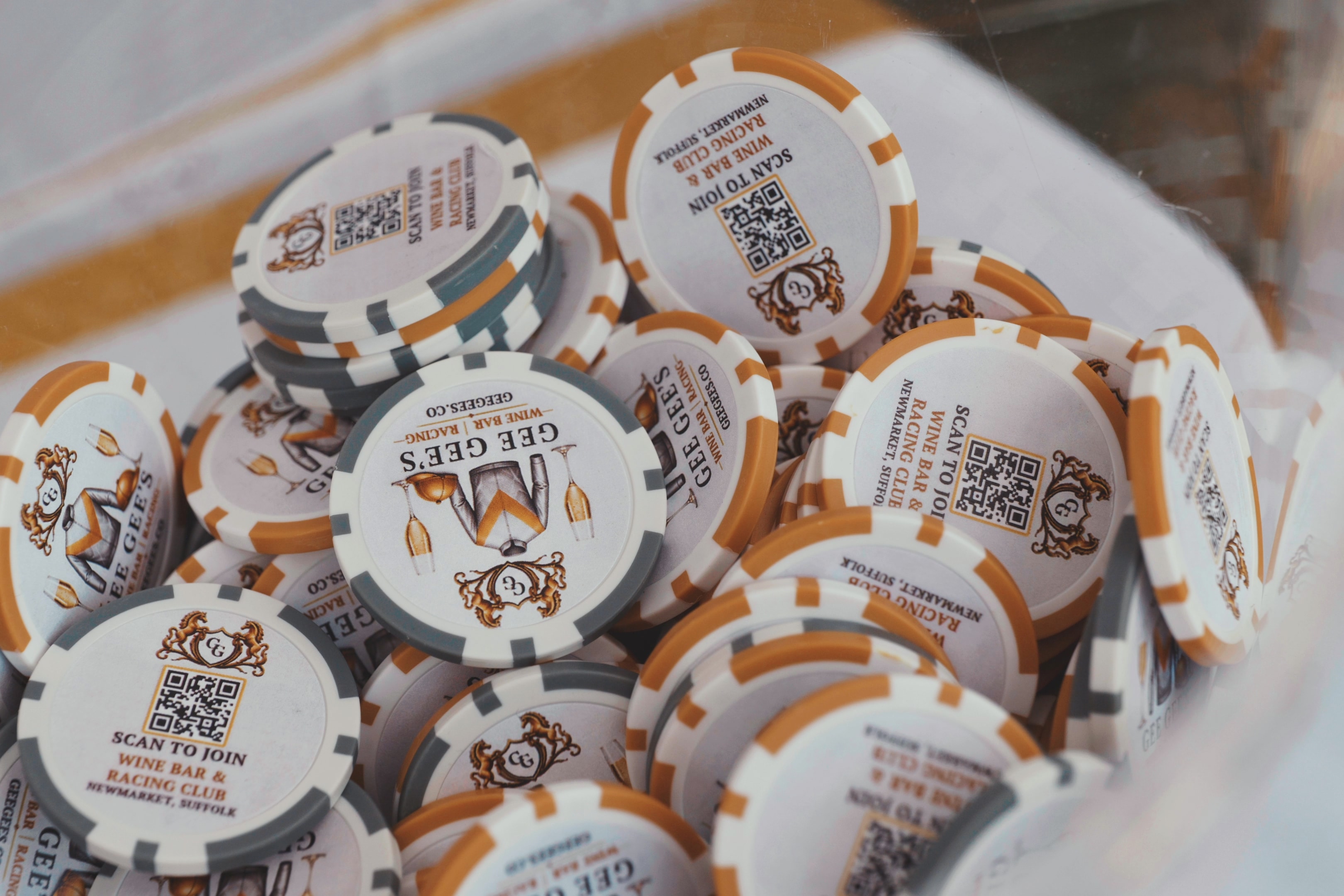 Gee Gee's branded poker chips — Wine Bar & Racing Club, Newmarket